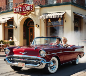 A couple in a classic car smiles as they drive by a bustling restaurant, capturing a moment of joy on the road.